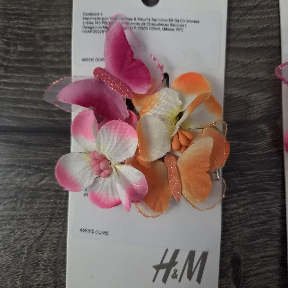 H&M Floral Butterfly Hair Clips - Pink & Orange NEW